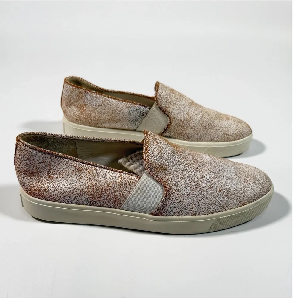 Vince Crackled Metallic Leather Slip On Sneakers Women's Size 9 White Bronze